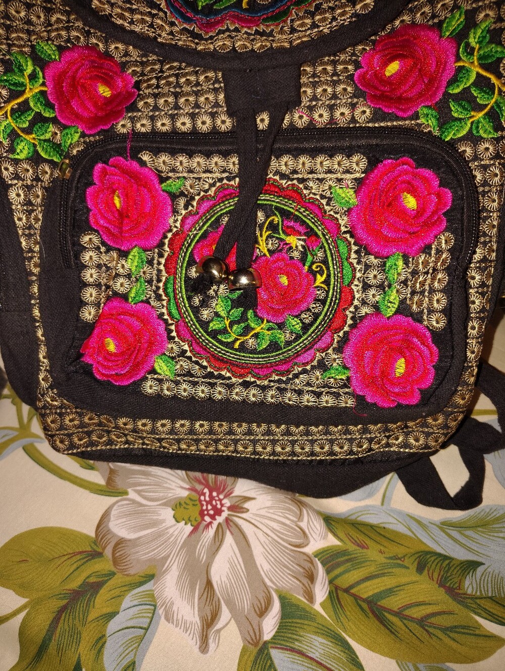 Source Unknown Black Backpack with Bright Pink Floral Embroidery - Picture 3 of 10